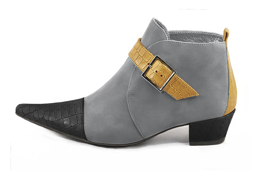 Dark grey and mustard yellow women's ankle boots with buckles at the front. Pointed toe. Low cone heels. Profile view - Florence KOOIJMAN